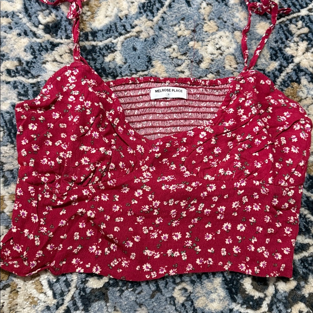 Women's Burgundy Floral Tie-Strap Crop Top - Picture 2 of 2